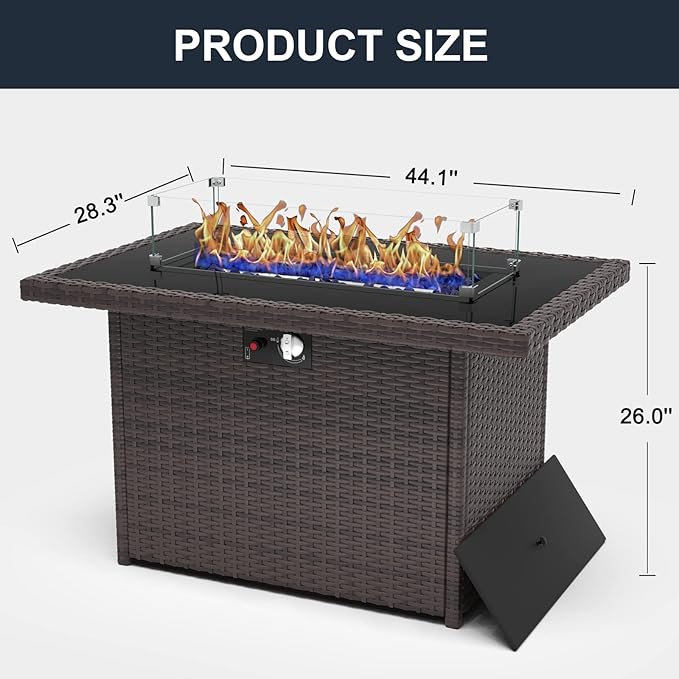 44 Inch Propane Gas Fire Pits Table for Outside Patio, 60000 BTU Rectangular Outdoor Wicker Rattan Fire Pit with Glass Wind Guard