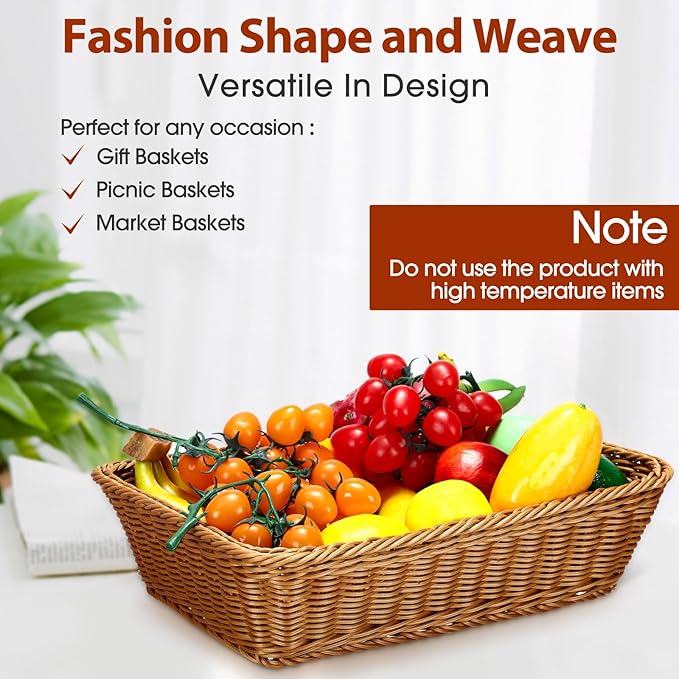 Eccliy 6 Pack Wicker Bread Baskets 15.8 Inch Woven Serving Basket for Gifts, Poly Wicker Storage Rectangle Rattan Display Trays for Bread Food Vegetables Fruit Snacks Tabletop Restaurant Home
