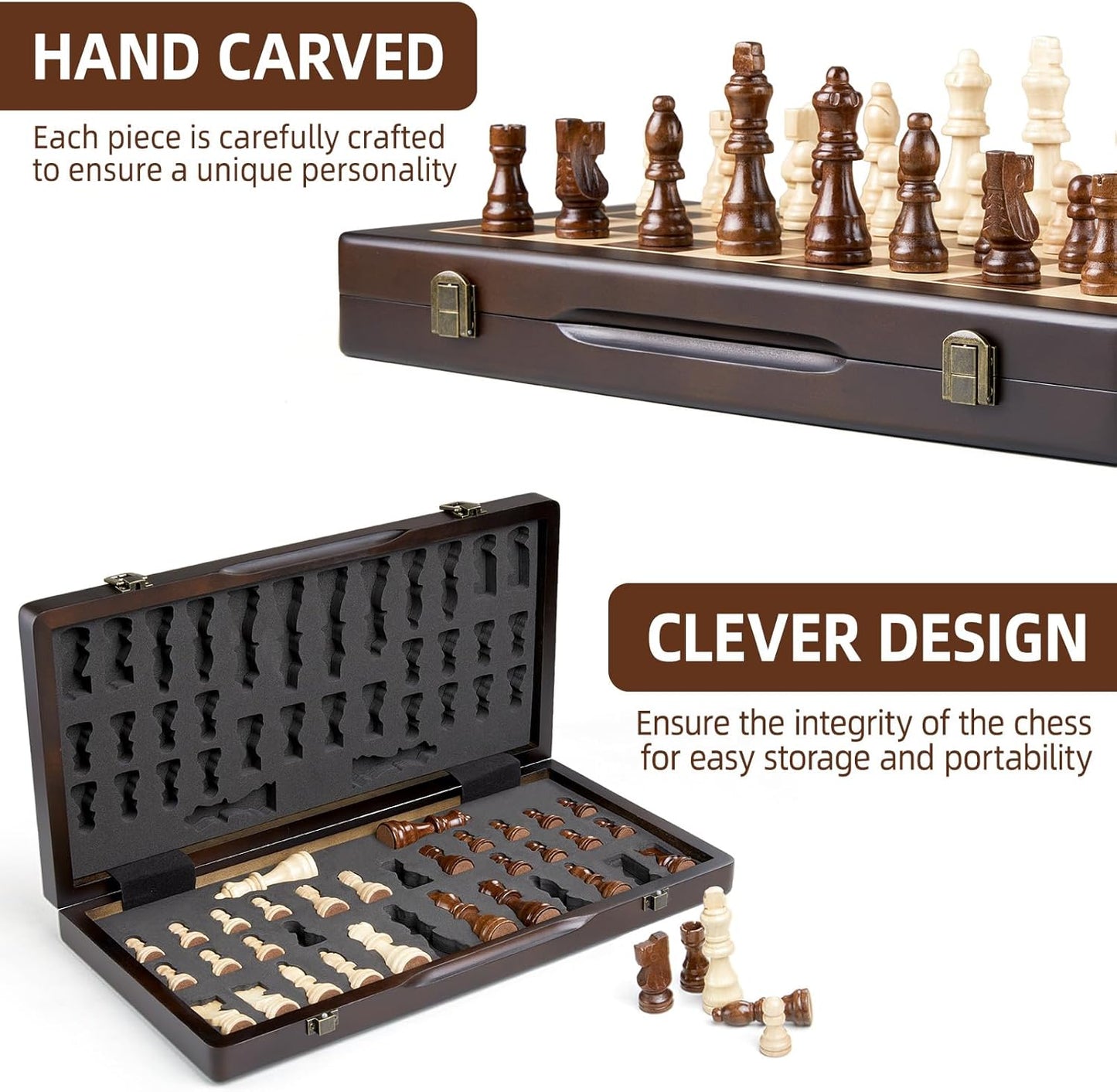 Magnetic Wooden Chess Set for Adults Kids,15" Folding Chess Board with Wood Texture 2 Extra Queens - Handmade Pieces Travel Board Games for Professional Beginner