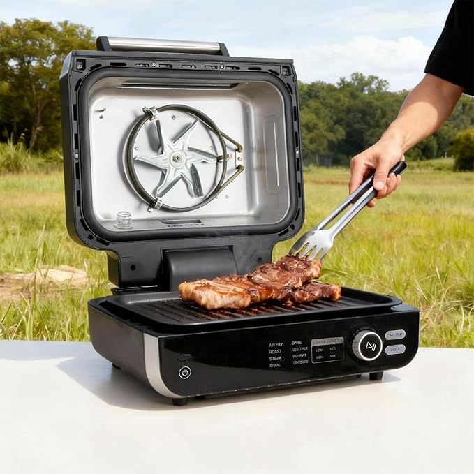 OLIXIS Electric Grill Outdoor/Indoor, 8-in-1 Multifunctional Large Electric BBQ Grill for Air Fry, Bake, Roast, Steak, Broil and Dehydrate, Safe Non-Stick Coating, Fry Basket Included