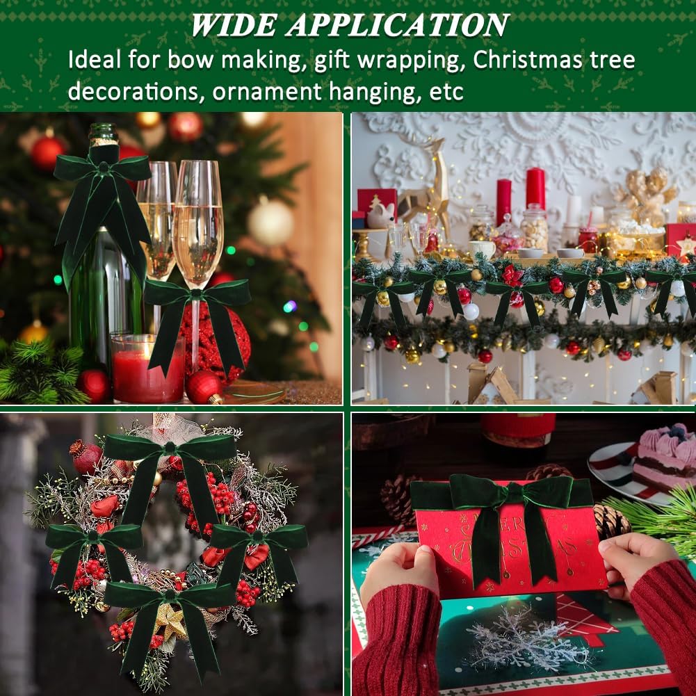 Dark Green Velvet Ribbon, 1 Inch x 20 Yards Single Faced Green Ribbon for Gift Wrapping, Bow Making, Christmas Tree Decorations, Wreath Making and DIY Crafts (10 Yards Each Roll)