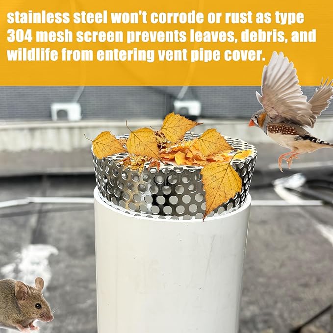 PVC Termination Cap Vent Cover, Stainless Steel Mesh Screen Vent Cover Slot for 4.24" to 4.34" ID Furnace and Roof Vent Pipe, Conical Vent Cap Rust preventing Leaves Debris, Birds Entering