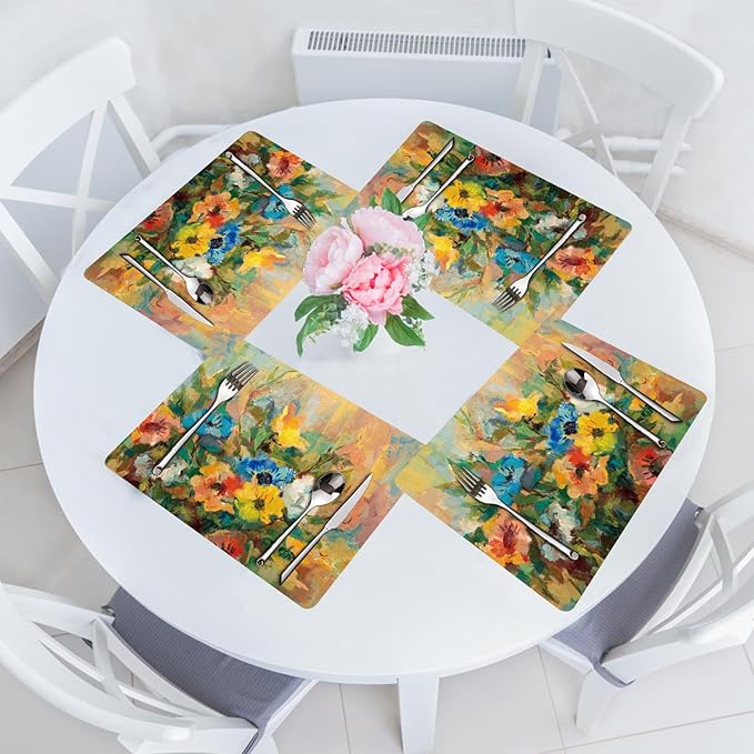 Spring Floral Placemats Set of 4 - Faux Leather Heat Resistant Placemats for Dinner Table, Non-Slip Waterproof Oil-Proof Washable Reusable Placemat for Indoor Outdoor Kitchen, 15.75In*11.81In