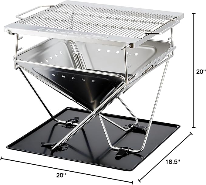 Explorer Bear 20" Stainless Steel Foldable Takibi Fire & Grill with Carrying Bag, Bridge, and Coal Bed | Portable Wood Burning Grill and Fire Pit | Perfect for Camping, Outdoors, Patios