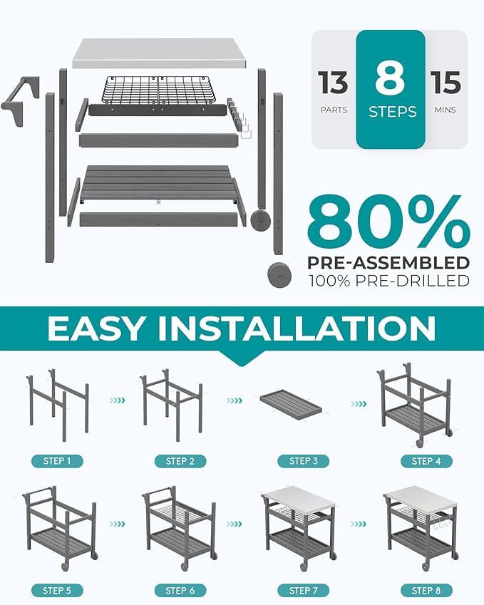 SERWALL Outdoor Grill Cart Pizza Oven Stand Trolley Table with Wheels Three-Shelf Movable Food Prep and Work Table, Grey