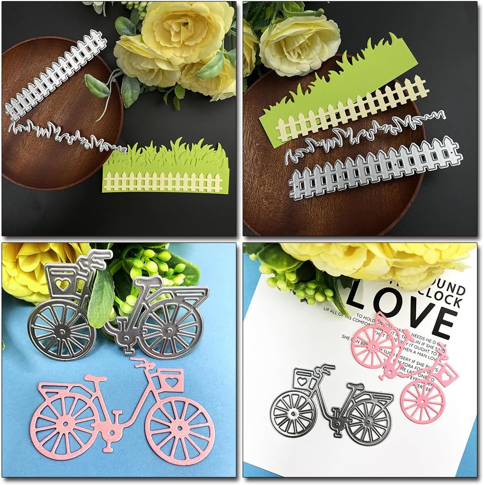Grass Fence and Bike Metal Cutting Dies,Grass Bush Fence Die Cuts for Paper Card Making, Grass Fences Embossing Dies for Scrapbooking DIY Album Decorative