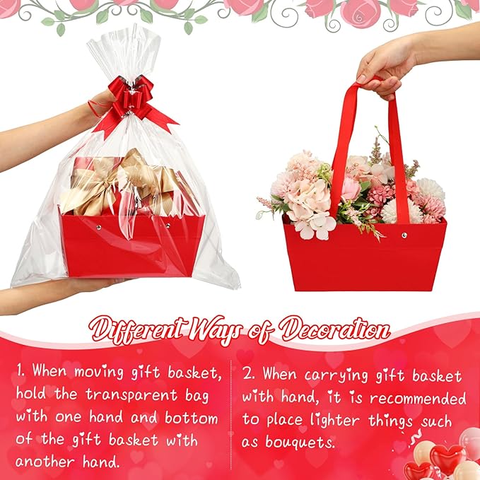 PerKoop 24 Pack Baskets for Gifts Empty Bulk 6.5 x 9.8'' Thick Kraft Gift Basket with Bows and Bags Empty Gift Baskets for Valentine's Day Easter Birthdays Wedding Snacks Farmers Market(Red)