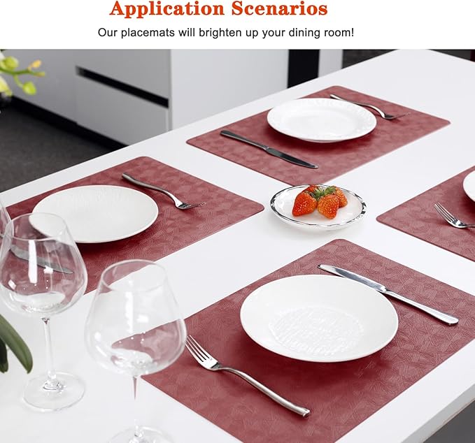 Vinyl Placemats Set of 12 Heat Resistant Easy Clean Non-Slip Place Mats for Dining Table. Faux Leather Waterproof Stain Resistant Wipeable Washable PVC Table Mats(12, Red)