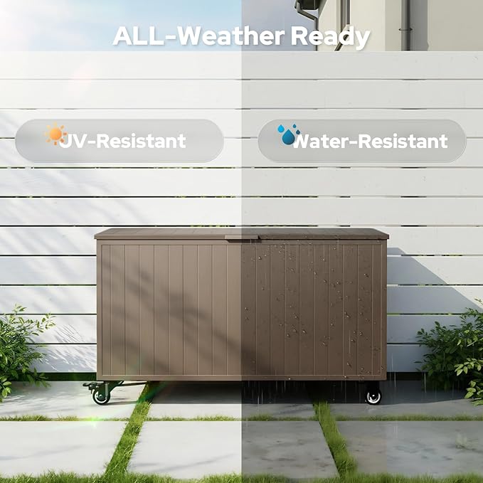 Outdoor Storage Box with Wheels 150 Gallon, Metal Deck Boxes Waterproof, UV Resistant Patio Storage Box with Lid for Patio Furniture, Garden Tools (Brown)