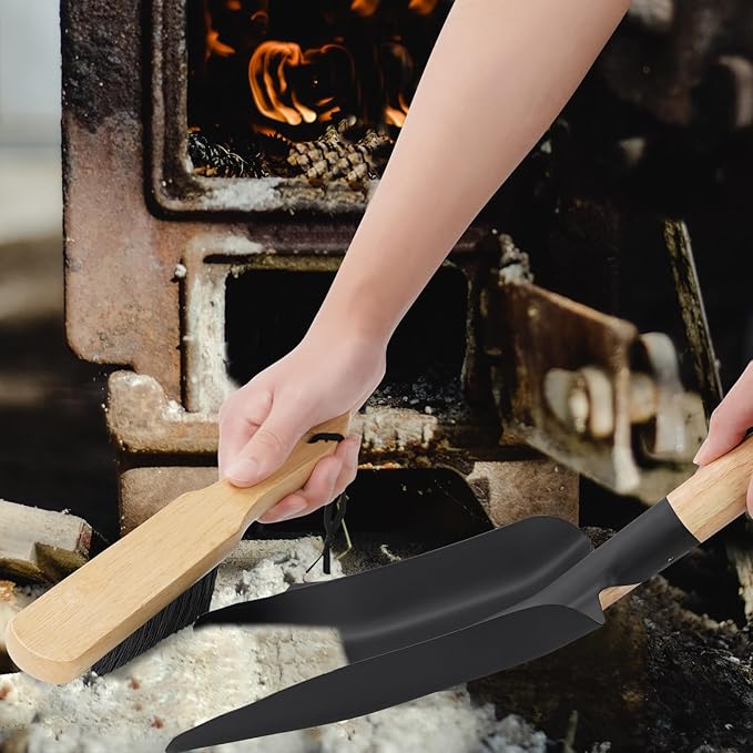 Fireplace Shovel & Brush Set, Large Ash Shovel and Hearth Brush with Wooden Handle, Fireplace Tools Set, Metal Brush Pan Set, Fireplace Tools, Firepit Tools, Fire Pit Accessories for Outside