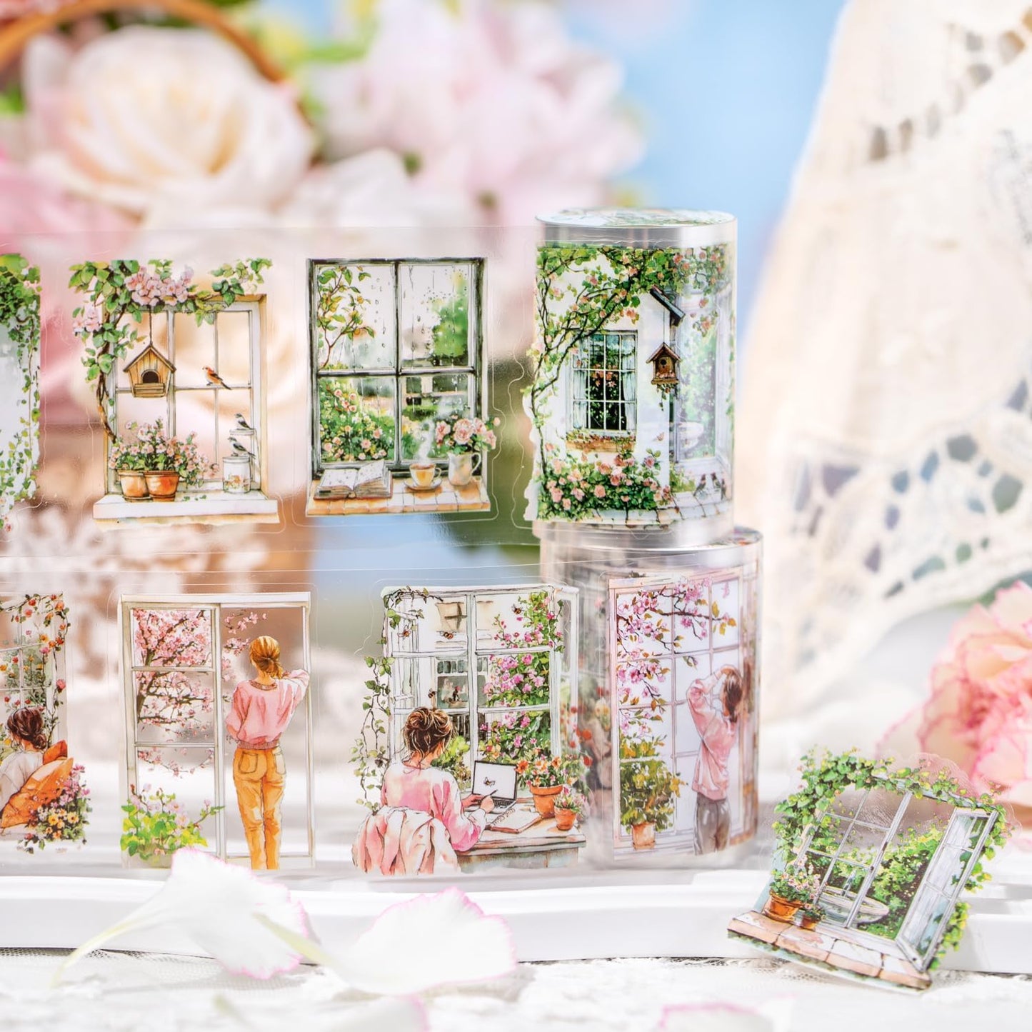 PET Tape Stickers for Junk Journal,6 Rolls Garden Stickers for Journaling Supplies,Pre-Cut Washi PET Tapes for Scrapbook Supplies, DIY Craft,Planner (Spring)