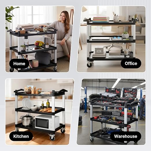 NorthSky Select Dual-Handle Utility Cart, 3 Shelves, 440 lb. Cap - Plastic Shelves, Swivel Casters - Ideal for Office, Garage, Janitorial Transport & Storage
