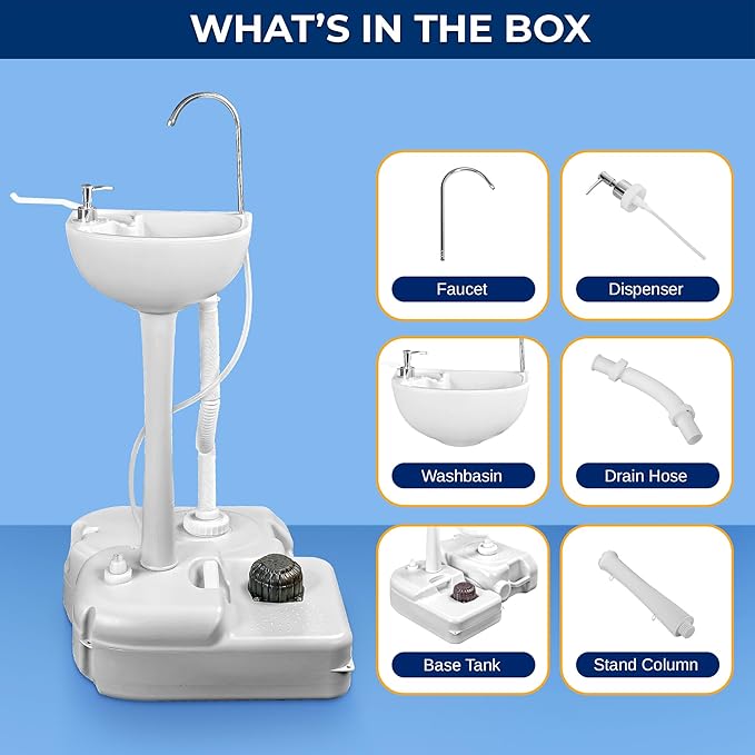 SereneLife Portable Camping Sink – Hand Washing Station with Foot Pump, 17L Fresh Water Tank, 24L Waste Tank, Soap Dispenser, Rolling Wheels & Quick Assembly for RV, Outdoor Events & Job Sites
