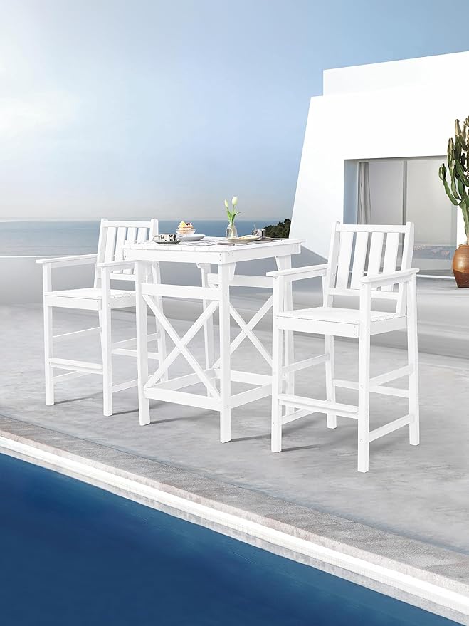 3-Piece Adirondack Chairs and Table Set, HDPE Patio Bar Sets, All Weather Outdoor Bar Stools Set, HDPE Adirondack Bar Height Chairs and Bar Table for Balcony, Porch, Garden, Pearl