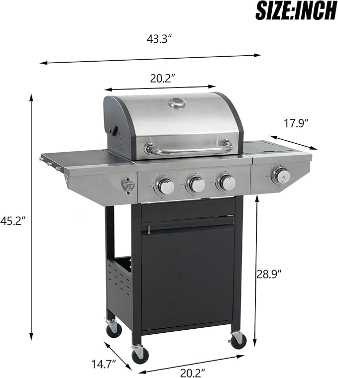 Zateety 3 Burner Propane Grill - 40,500 BTU Gas Grill with Side Burner, Stainless Steel with Iron Cast Grates for Outdoor Cooking, Patio, Camping BBQ, Garden Barbecue Grill, Black and Silver