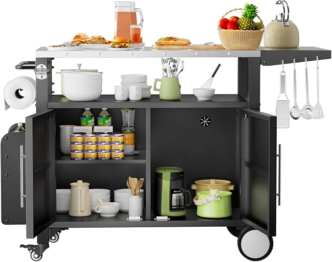 ROOMTEC Outdoor Grill Cart with Storage,Patio Kitchen Island with WheelsHooks and Spice Rack,Waterproof Outdoor Grill Table,Movable BBQ Serving Cart Rolling Bar Cart for Home Party Bar