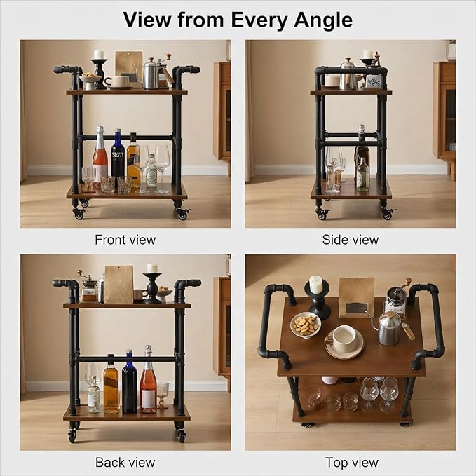 Industrial Pipe Bar Carts/Serving Carts/Kitchen Carts/Wine Rack Carts on Wheels with Shelves - Wood Rolling Carts - Wine Tea Liquor Shelves/Holder - Home Furniture (Two tiers pipe wood bar cart)