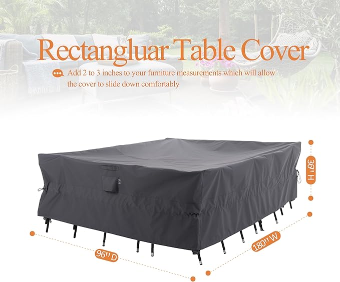 WJ-X3 Extra Large Patio Furniture Set Covers Waterproof, Outdoor Table Cover Heavy Duty, Lawn Sectional Set Cover Anti-Fading, High Wind Resistant & Anti-UV, 180W x 96D x 36H in, Grey