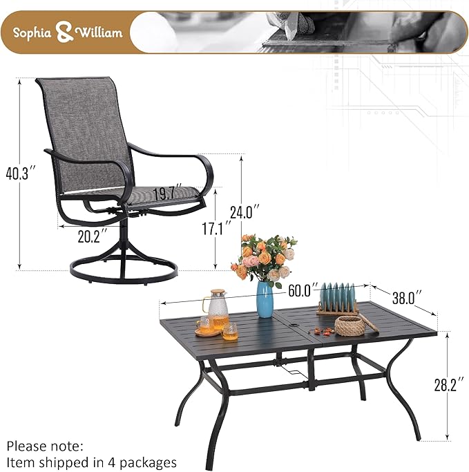 Sophia & William Outdoor Dining Set Patio Dining Set for 6 Outdoor Table and Chairs 7 Pieces Outdoor Patio Set with Swivel Patio Chairs 60"x 38" Metal Table for Garden Pool All Weather Brown