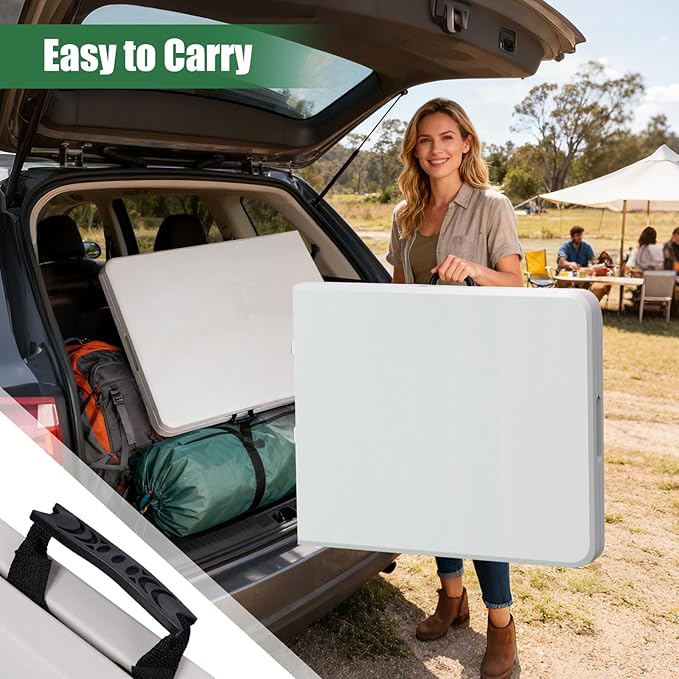 FWTI Deal 6 Feet Foldable Table & Tablecloth Set, Built in Carrying Handle & Alloy Steel Legs, Heavy Duty Portable for Party, Dining, Wedding, Picnic, Camping, Utility - White (Table&Tablecloth)