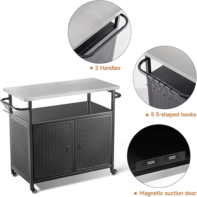 Outdoor Grill Cart with Storage, Outdoor Bar Cart with Wheels, Kitchen Island Cart with Stainless Steel Top for BBQ, Patio, Backyard