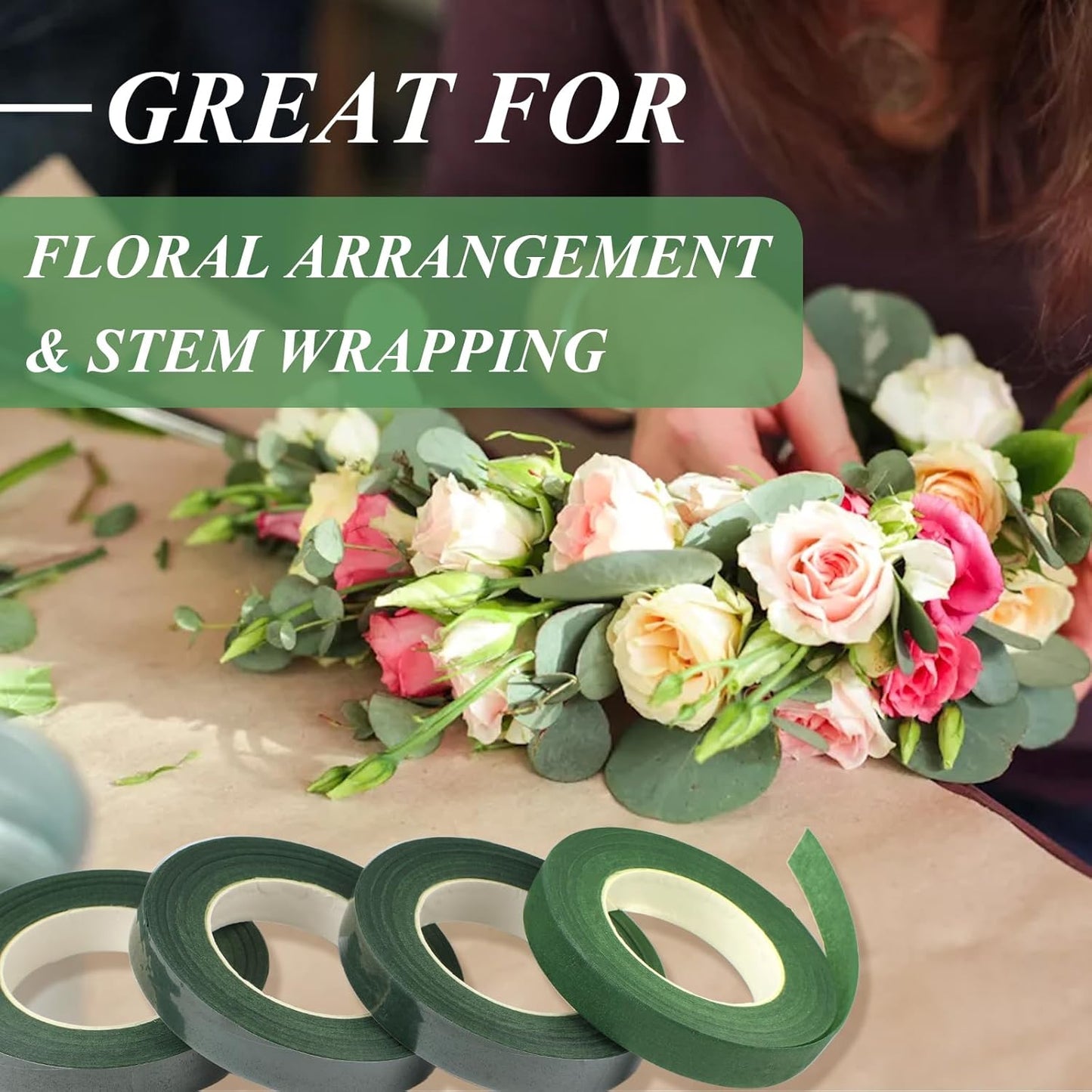 Phinus 9 Rolls Floral Tape, 1/2 Inch x 30 Yard Flower Tape, Green Floral Tape for Floral Crafts Supply, Bouquet Stem Wrapping, Wedding Bouquet (Dark Green and Green)