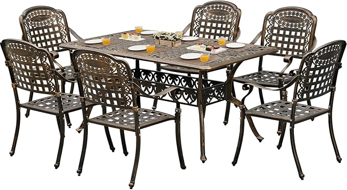 60" Large Outdoor cast Aluminum Patio Dining Table, Rectangular Outdoor Bistro Dining Table for 6 Person, for Garden (Bronze, Rectangle 60")