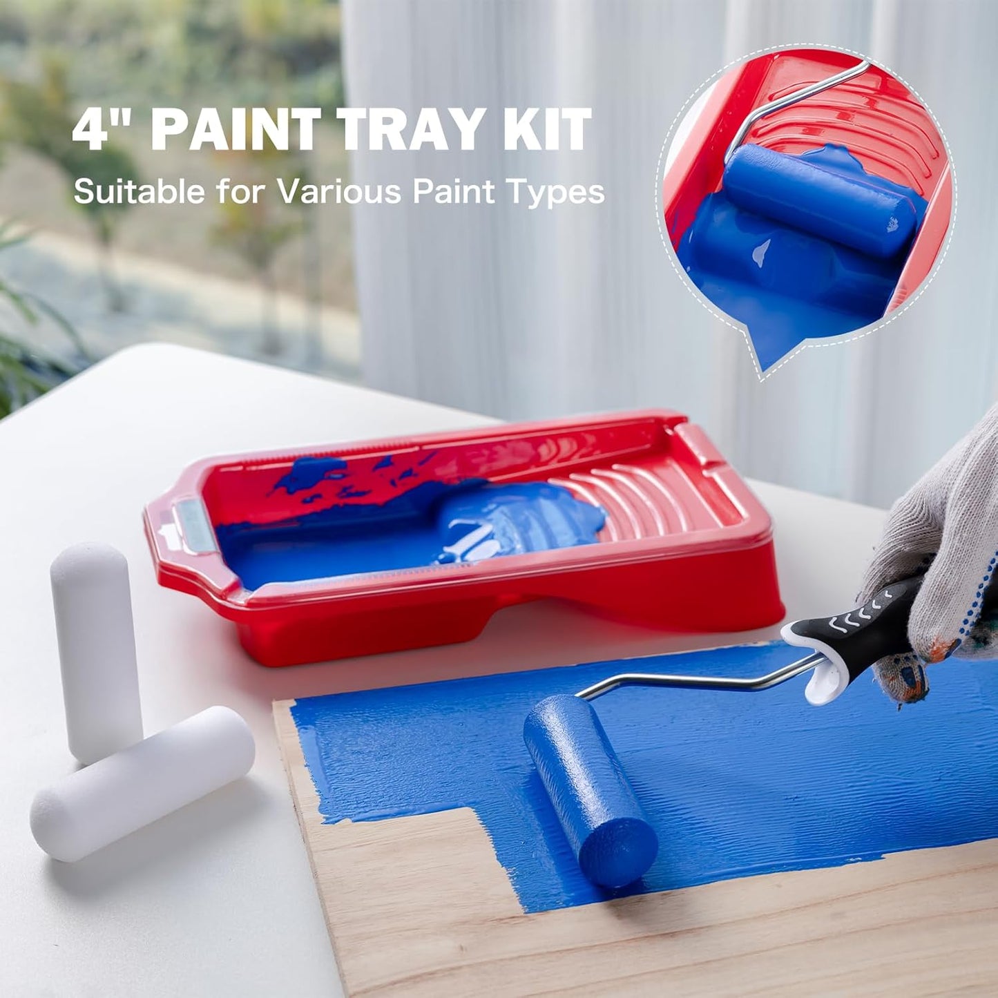 Mister Rui 4 Inch Paint Tray Liners 8-Pack with Lid - Reusable, Solvent-Proof Plastic Roller Tray Refills for Leak-Free Painting, Fits Mister Rui Red Trays