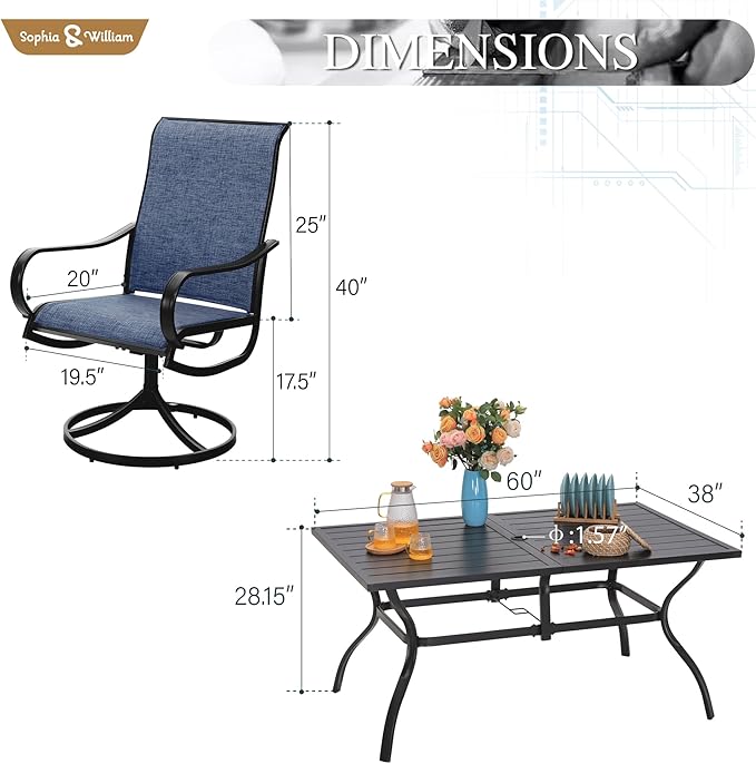 Sophia & William Outdoor Dining Set Patio Dining Set for 6 Outdoor Table and Chairs 7 Pieces Outdoor Patio Set with Swivel Patio Chairs 60"x 38" Metal Table for Garden Pool All Weather Blue