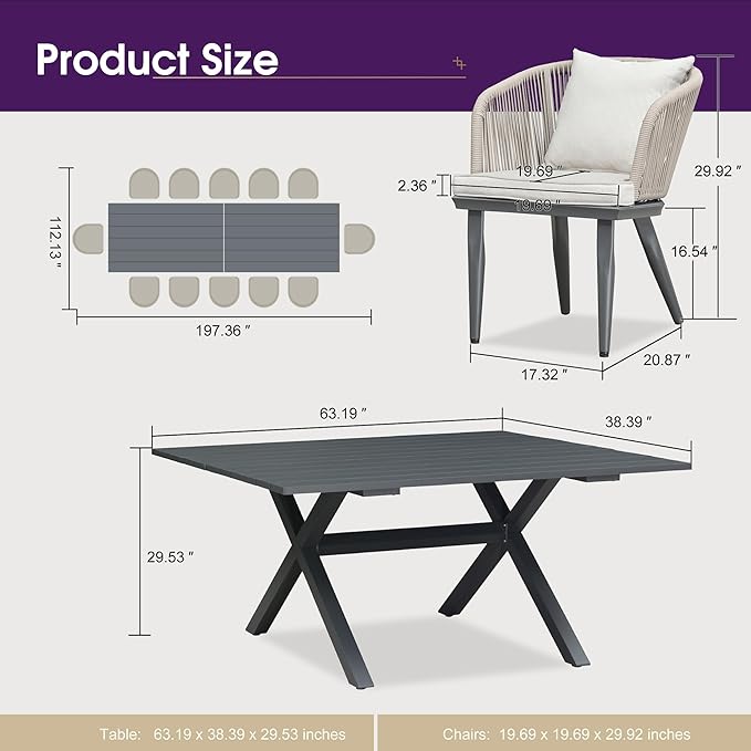 PURPLE LEAF 14 Pieces Patio Dining Set Wicker Outdoor Furniture Rectangular Table and Chairs Set for Garden Deck Aluminum Frame Backyard Kitchen Set, Cushions and Pillows Included Taupe
