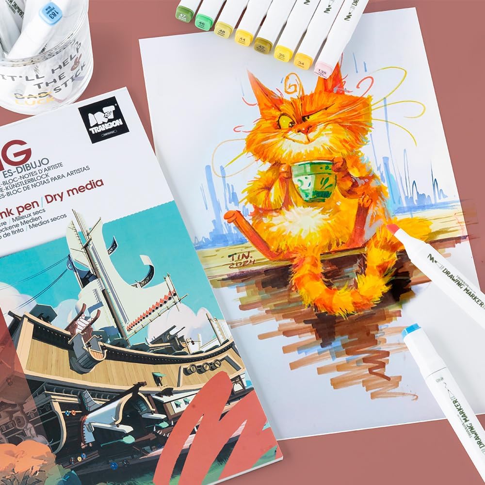 TRANSON Artist Mix Media Sketchbook Marker Pad, 8.3”x11.7” 32 Sheets A4 Art Papers, 110lb/160gsm for Painting, Drawing and Sketching