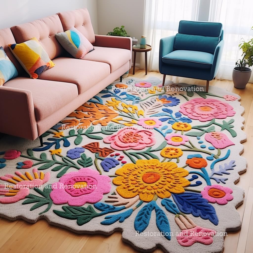 Handmade Wool Floral Area Rug for Living Room | Elegant Flower Garden Design, Soft, Thick and Durable | Bedroom, Dining Room & Home Decor Carpet (3' x 5', Floral H)