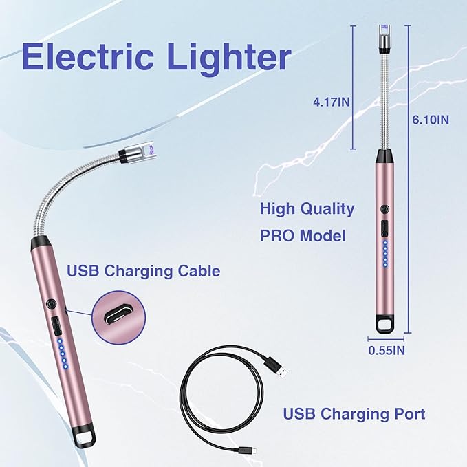 2 PCS Candle Lighter, Electric Lighter Arc Windproof Flameless with 360° Flexible Neck & LED Power Display, Lighters for Candle for BBQ, Grill, Camping, Fireplace, Stove(Pink)