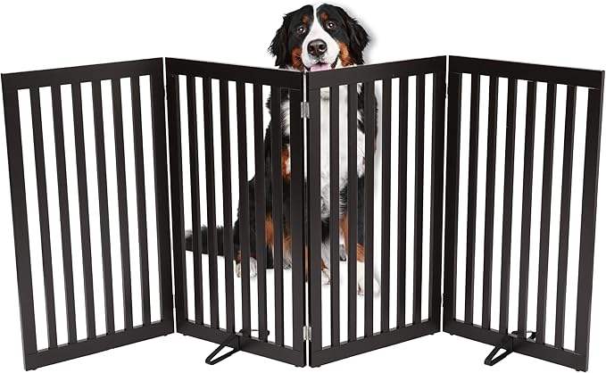 INTERNET'S BEST Dog Gate with Support Feet, Indoor Freestanding Pet Barrier, Folding Wood Cat or Dog Fence, Extra Wide Doorway Puppy Gates, 4 Panel - 36", Espresso