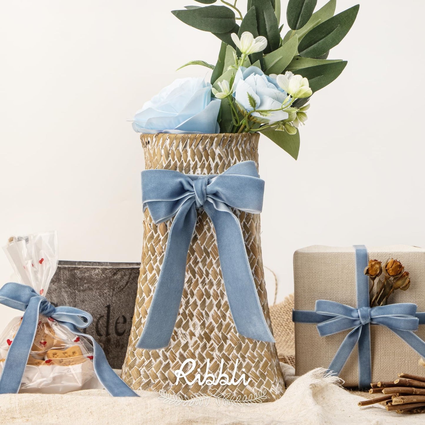 Ribbli Dusty Blue Velvet Ribbon 3/8 Inches Continuous10 Yard Spool Blue Christmas Ribbon for Gift Wrapping Crafts Home Decor