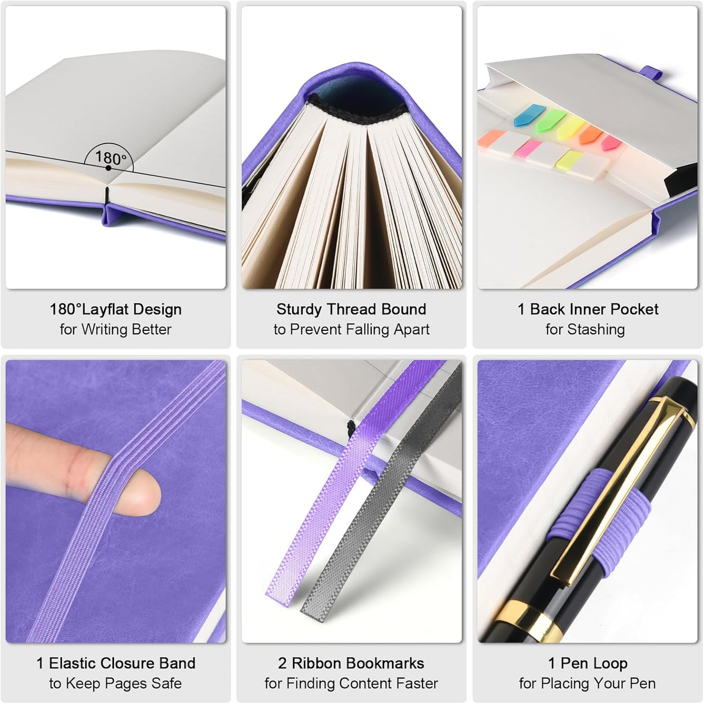 Lined Notebook Journal for Women Men, Large A5 College Ruled Notebook, 312 Numbered Pages Notebooks for Work, 100gsm Paper Daily Journal, Hardcover Vegan Leather Journals for Writing Office, Purple