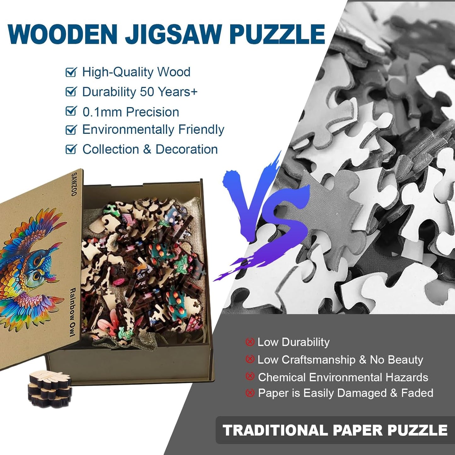 Wooden Jigsaw Puzzles for Adults and Kids, Rainbow Owl 200 Piece Unique Shaped Puzzle, Family Game and Creative Wooden Puzzle Gift, Wall Art Decor