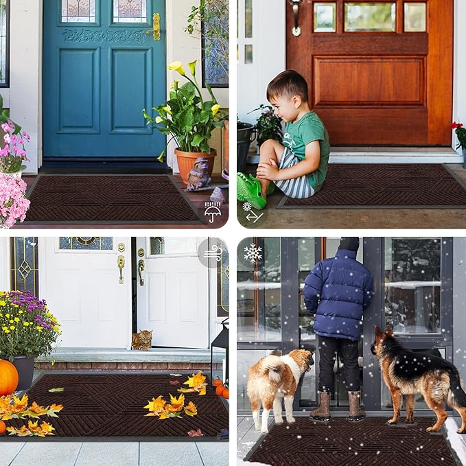 Smiry Front Door Mat Outside Entrance, Heavy Duty Sturdy Natural Rubber Doormat, Trap Dirt and Moisture, Easy Clean Low Profile Mats for Indoor Outdoor Entry, Irregular Triangle (36x24, Deep Brown)