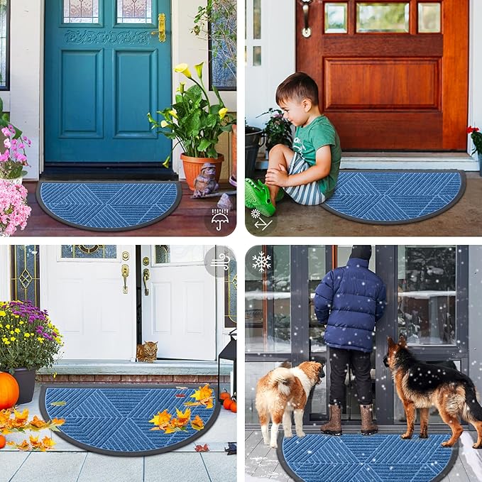 Smiry Half Circle Front Door Mat Outside Entrance, Heavy Duty Sturdy Natural Rubber Doormat, Trap Dirt and Moisture, Low Profile Mats for Indoor Outdoor Entry, Irregular Triangle (36x24, Blue)