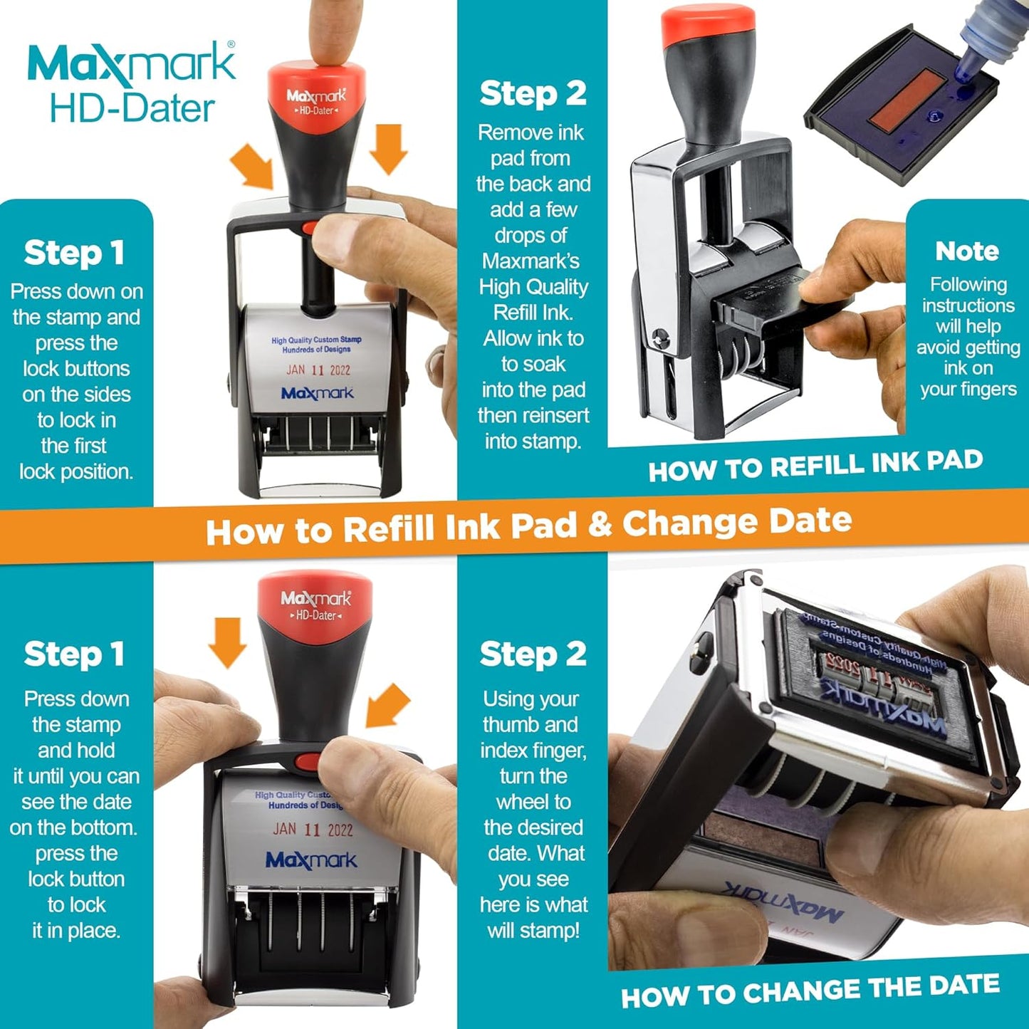 MaxMark Heavy Duty Self Inking Date Stamp with Phrase Denied - Red Ink