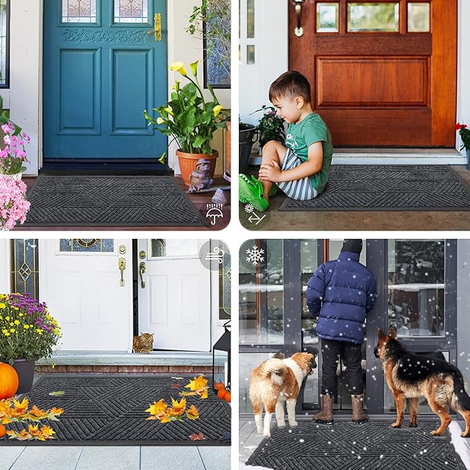 Smiry Front Door Mat Outside Entrance, Heavy Duty Sturdy Natural Rubber Doormat, Trap Dirt and Moisture, Easy Clean Low Profile Mats for Indoor Outdoor Entry, Irregular Triangle (36x24, Silver Grey)