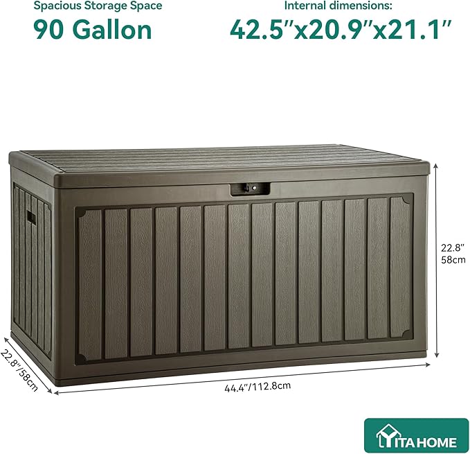 YITAHOME 90 Gallon Double-Wall Deck Box with Side Handles, Outdoor Large Storage for Patio Furniture Cushions, Garden Pool Accessories, Water Resistant & Lockable