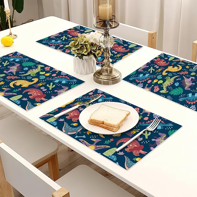 Dinosaur Placemats Set of 6,Cute Tropical Leaves Heat Resistant Table Mats Washable Place Mats for Party Kitchen Farmhouse Home Dining Holiday Decor 12x18 Inch