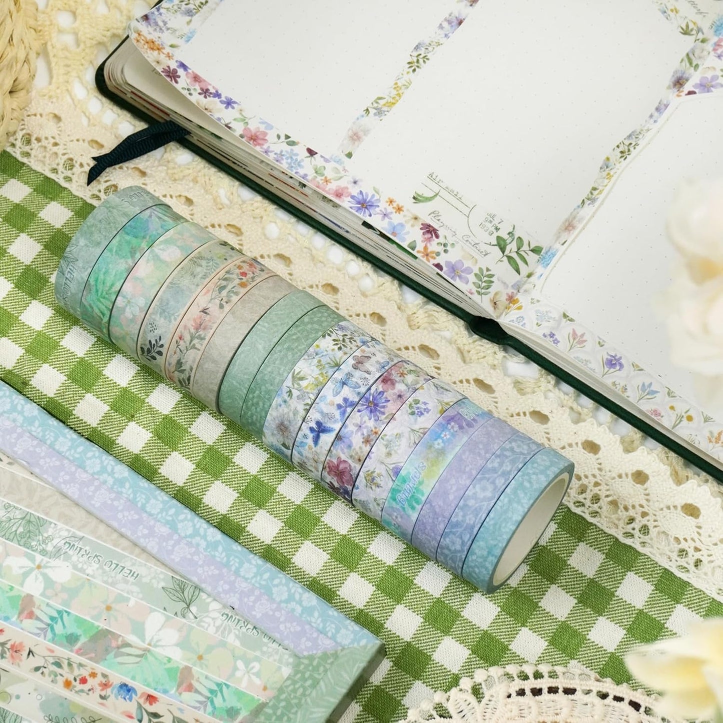 YUBX Spring Washi Tape Set 16 Rolls Flowers Printed Embellishment Green Decorative Masking Tapes for Arts, DIY Crafts, Journals, Planners, Scrapbook, Wrapping
