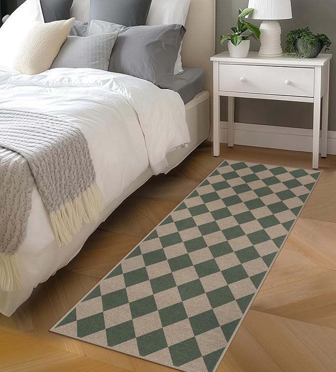 Easy Jute Checkered Runner Rug, 2x6 Green Modern Washable Rugs Runner for Hallway Non-Slip Long Kitchen Rug, Geometric Diamond Indoor Outdoor Carpet for Porch Laundry Entryway