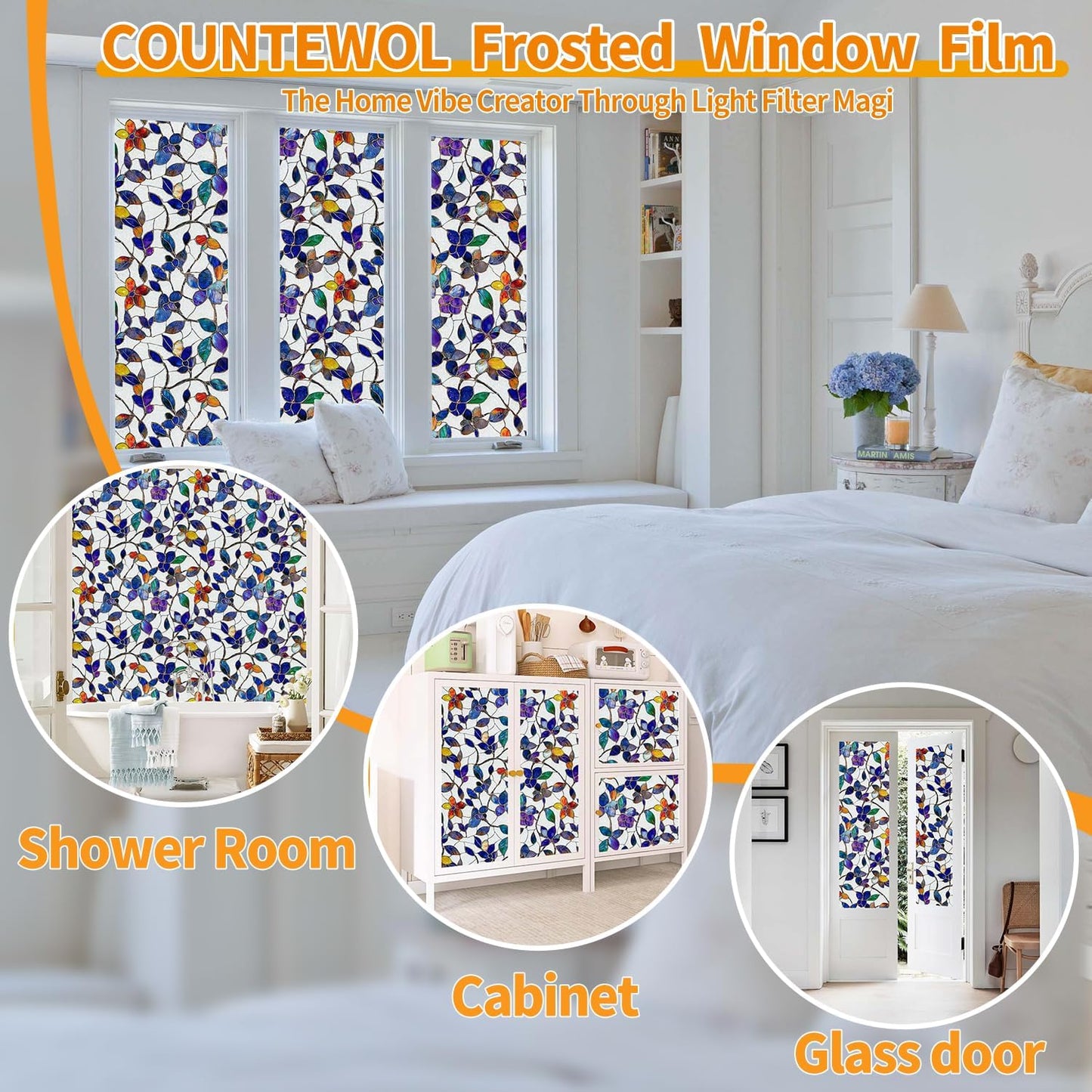 Window Privacy Film Stain Glass Window Film Rainbow Window Film Window clings Non-Adhesive Reusable Decorative for Room (Frosted Stained Leaf, 35.4 x 78.7 in)