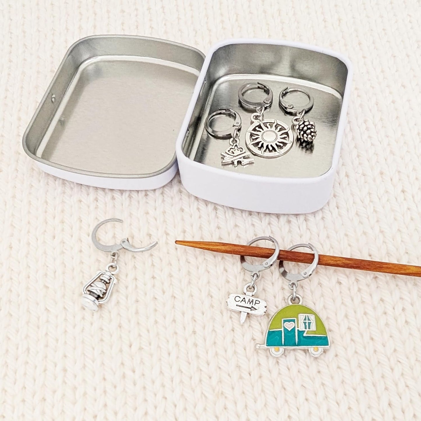 Go Camping Locking Stitch Markers with Storage Case | Crochet Stitch Markers & Removable Knitting Progress Keepers | Camper, Campfire, Lantern & Pinecone Charms | Handmade by Pretty Warm Designs