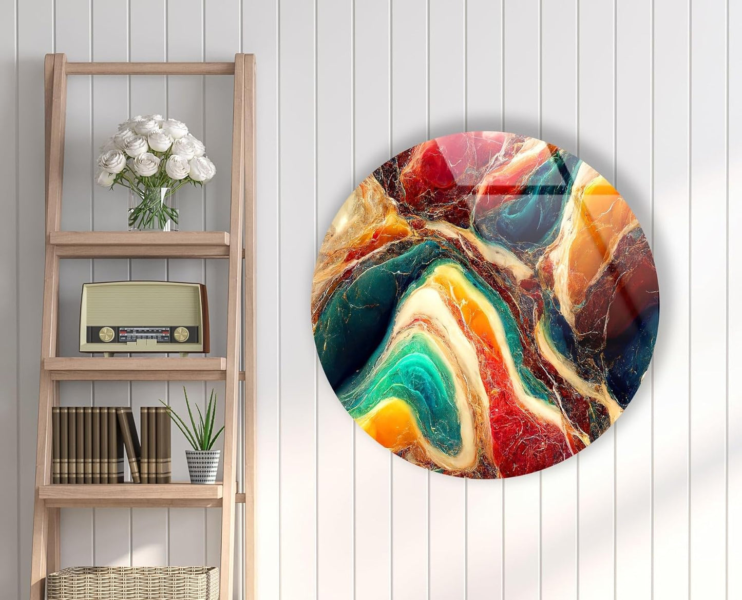 My Photostation.com 31.5''(80cm) Diameter Colorful Marble Swirl Round Wall Art Abstract Glass Decor with Earthy Tones & Gemstone Texture