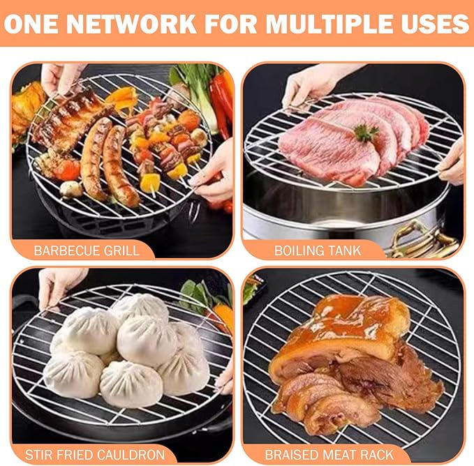 Stainless Steel Grill Grate, Extra Thick Round Cooking Grill Grates Replacement with Handle for Charcoal Smoker Campfire Picnic Outdoor Cooking, 14 Inch Stainless Steel Grate