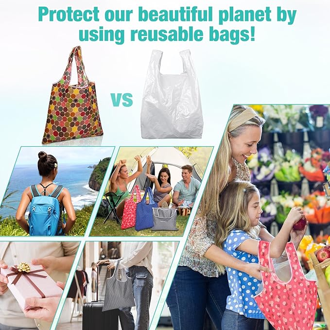 Eccliy 24 Pieces Reusable Grocery Bags Polyester Shopping Bags for Groceries Multi Colors Reusable Foldable Shopping Tote (Geometric Rules)